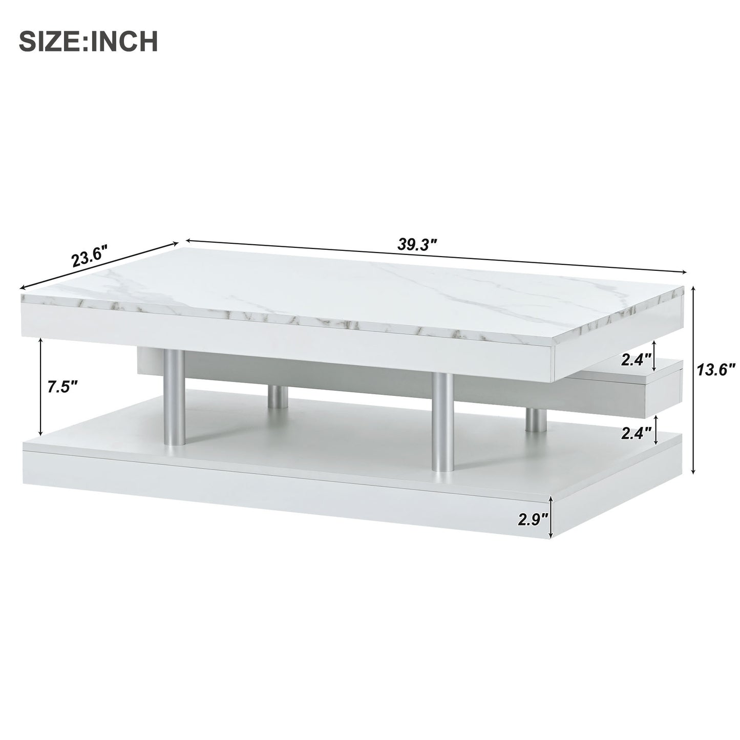 ON-TREND 2-Tier Coffee Table: Silver Metal Legs, Rectangle Cocktail Table with High-gloss UV Surface, Minimalist Design Center Table for Living Room, White