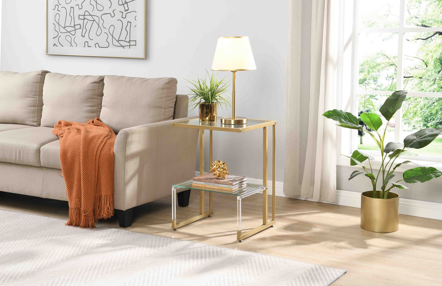 2-Tier Acrylic Glass End Table for Living Room&Bedroom - Stylish and Functional Side Table with Golden Finish, Perfect for Any Décor