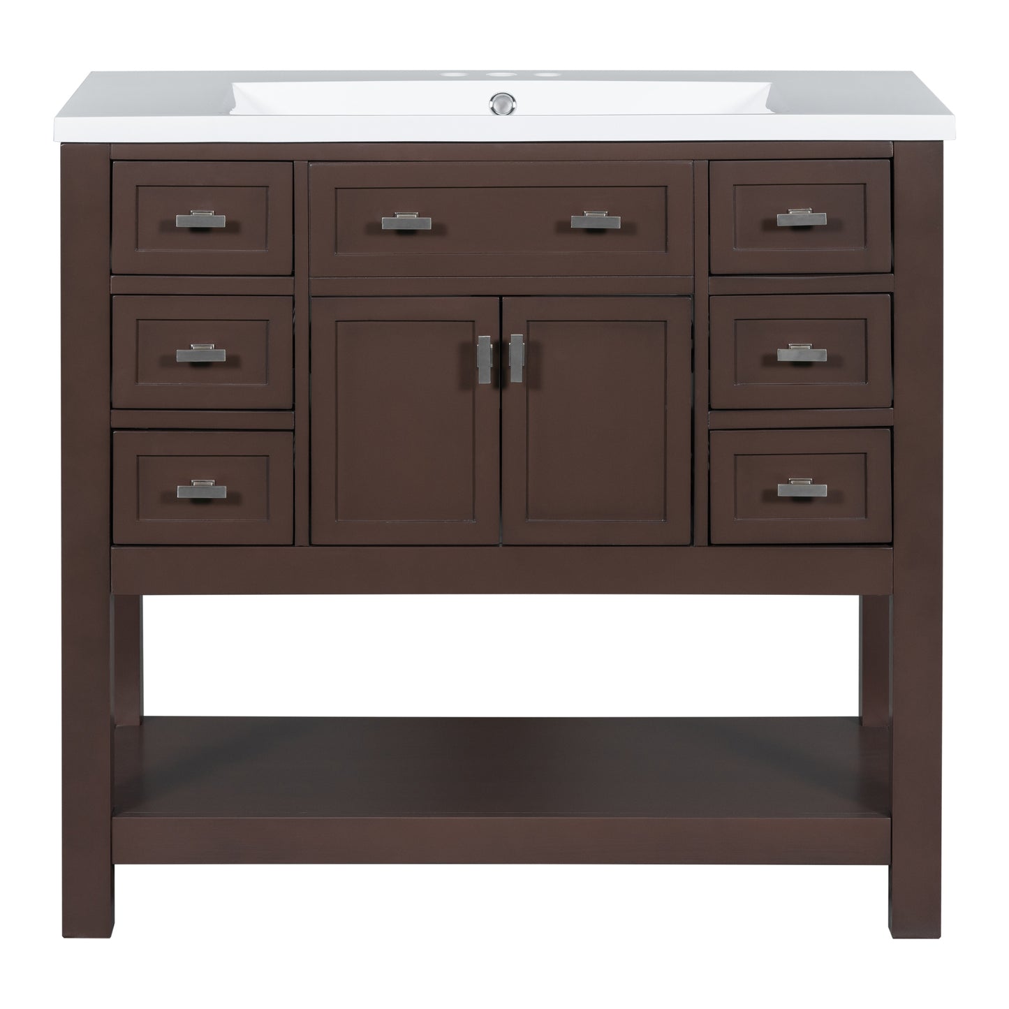 36'' Bathroom Vanity with Top Sink, Modern Storage Cabinet, Soft Closing Doors & 6 Drawers, Brown MDF Material