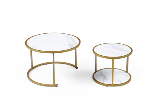 Marble Pattern MDF Top, Gold Metal Frame Nesting Coffee Table Set of 2 - Modern Style, Elegant Design, Space-saving Solution, Black & White Colors, Various Sizes Available