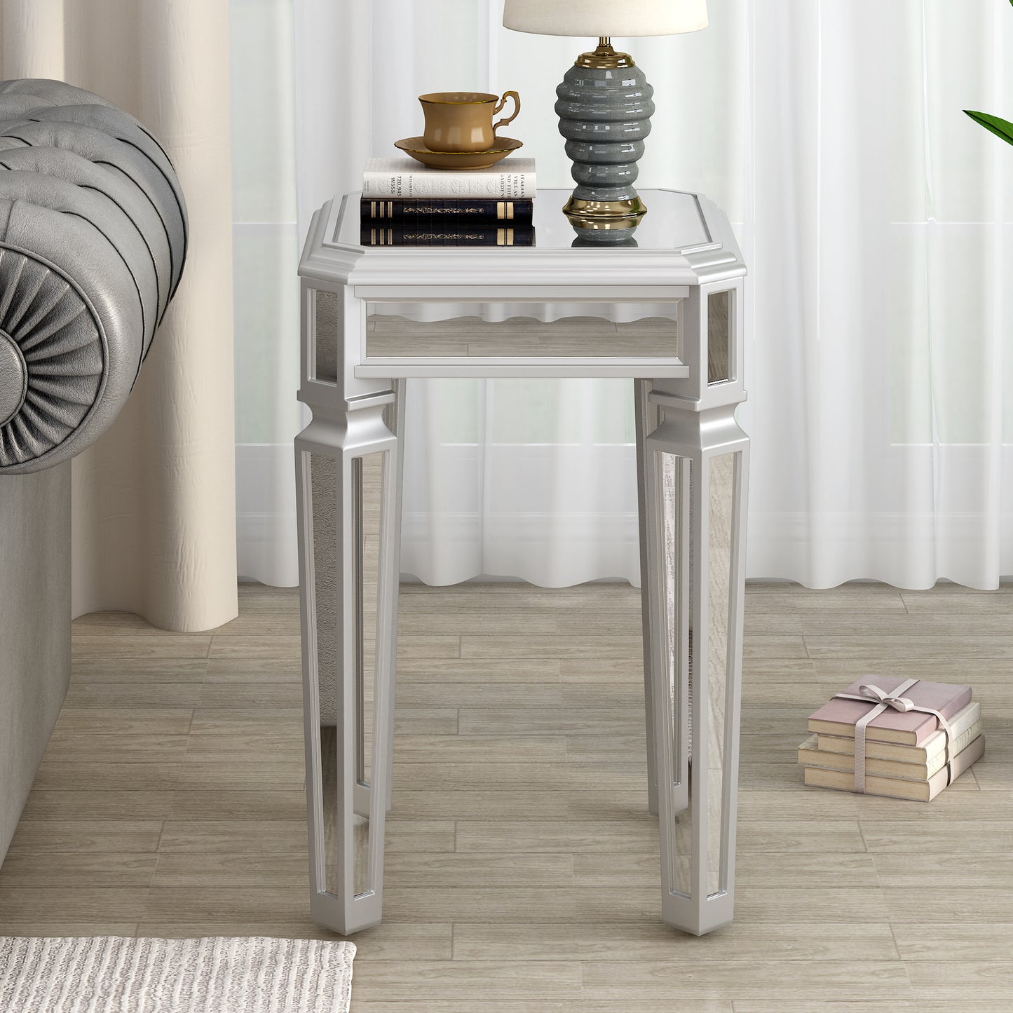 ON-TREND Modern Glass Mirrored End Table with Versatile Design, Easy Assembly Side Table, Luxury Exterior, Sleek Corner Table with Adjustable Legs for Living Room, Bedroom, Silver