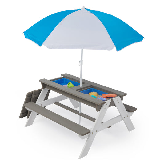 3-in-1 Kids Outdoor Wooden Picnic Table With Umbrella, Convertible Sand & Water Play Area, Gray - ASTM & CPSIA Certified