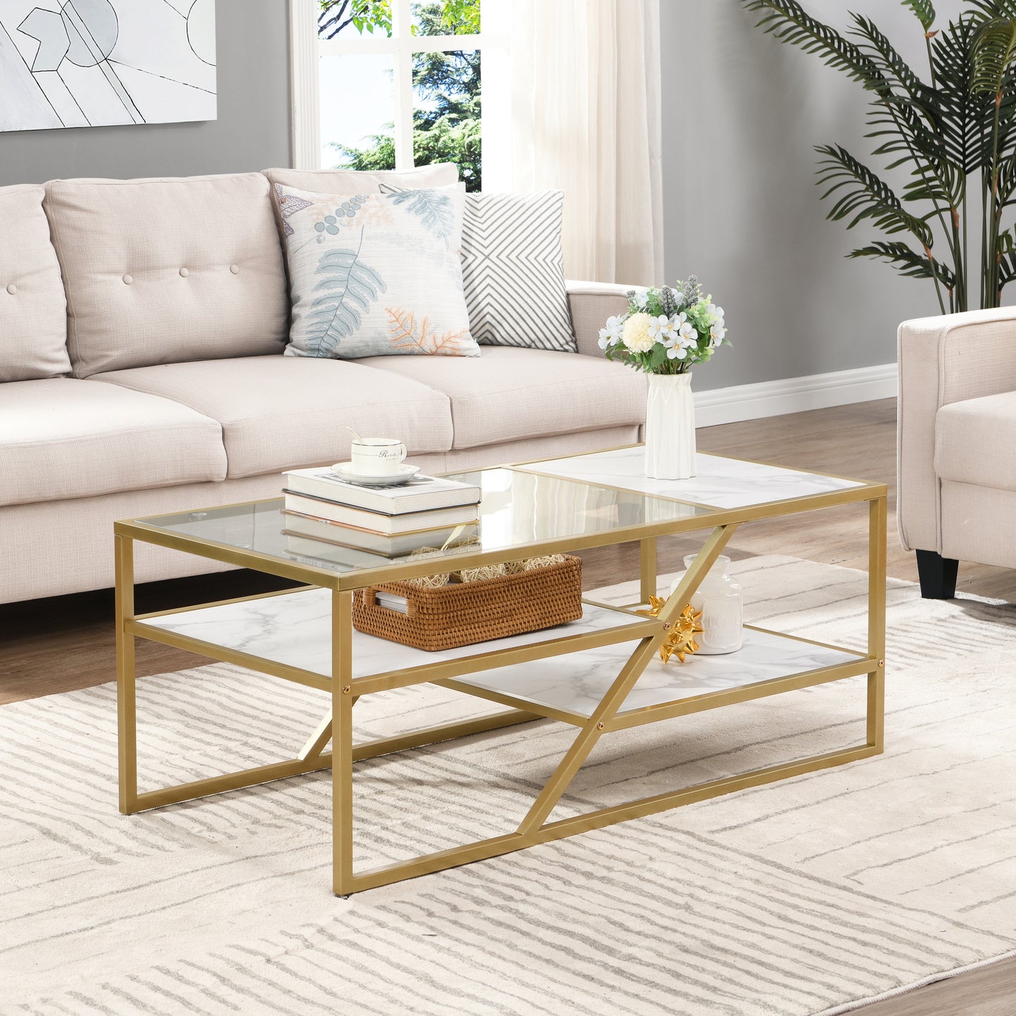 Golden Coffee Table with Storage Shelf - Tempered Glass & Metal Frame - Ideal for Living Room & Bedroom - Stylish and Functional Furniture for Home Décor - Available in Various Sizes and Colors