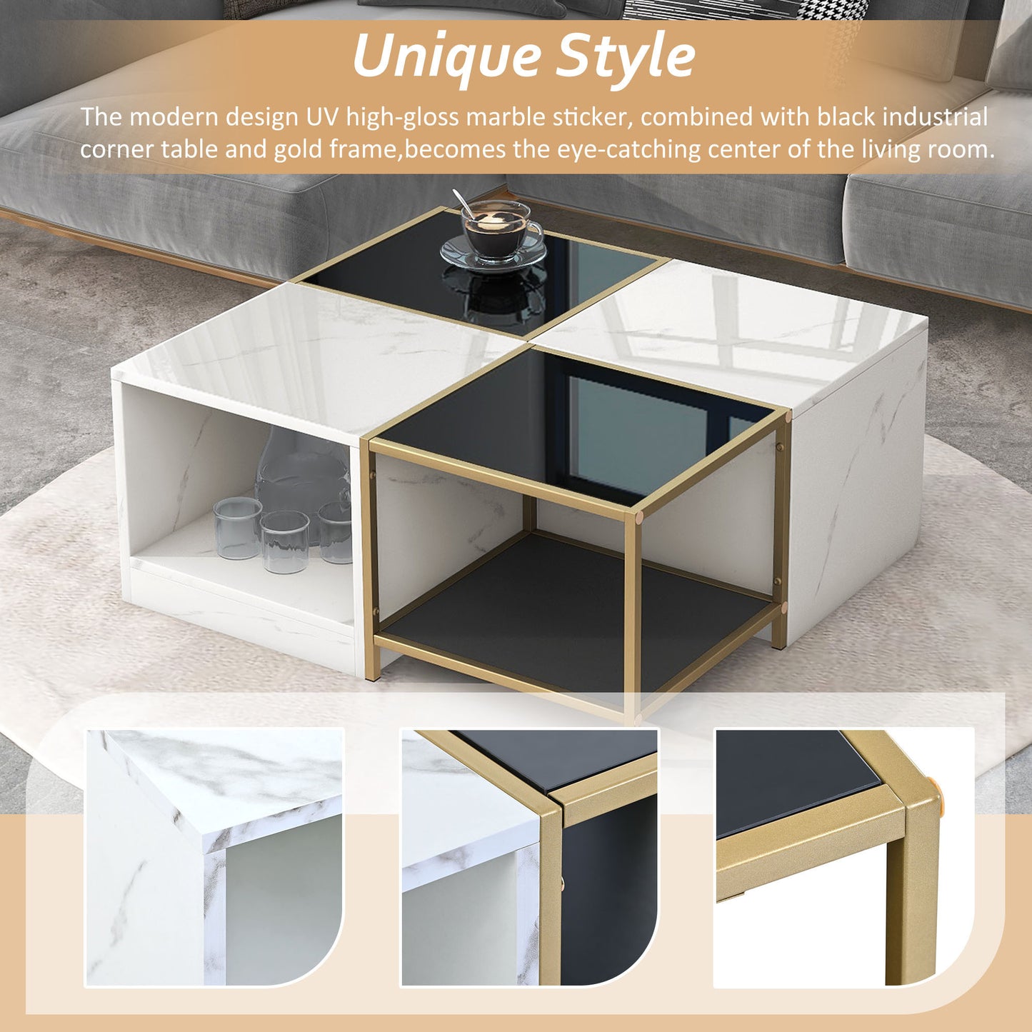 Modern 2-Layer Coffee Table with Metal Frame, High Gloss White Marble Finish | Simply Assemble, Square Corner Tables for Living Room | 31.5”x 31.5”