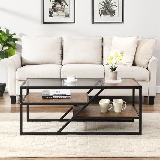 Black Coffee Table with Storage Shelf, Tempered Glass & Metal Frame for Living Room & Bedroom - Stylish, Functional Furniture for Home Décor