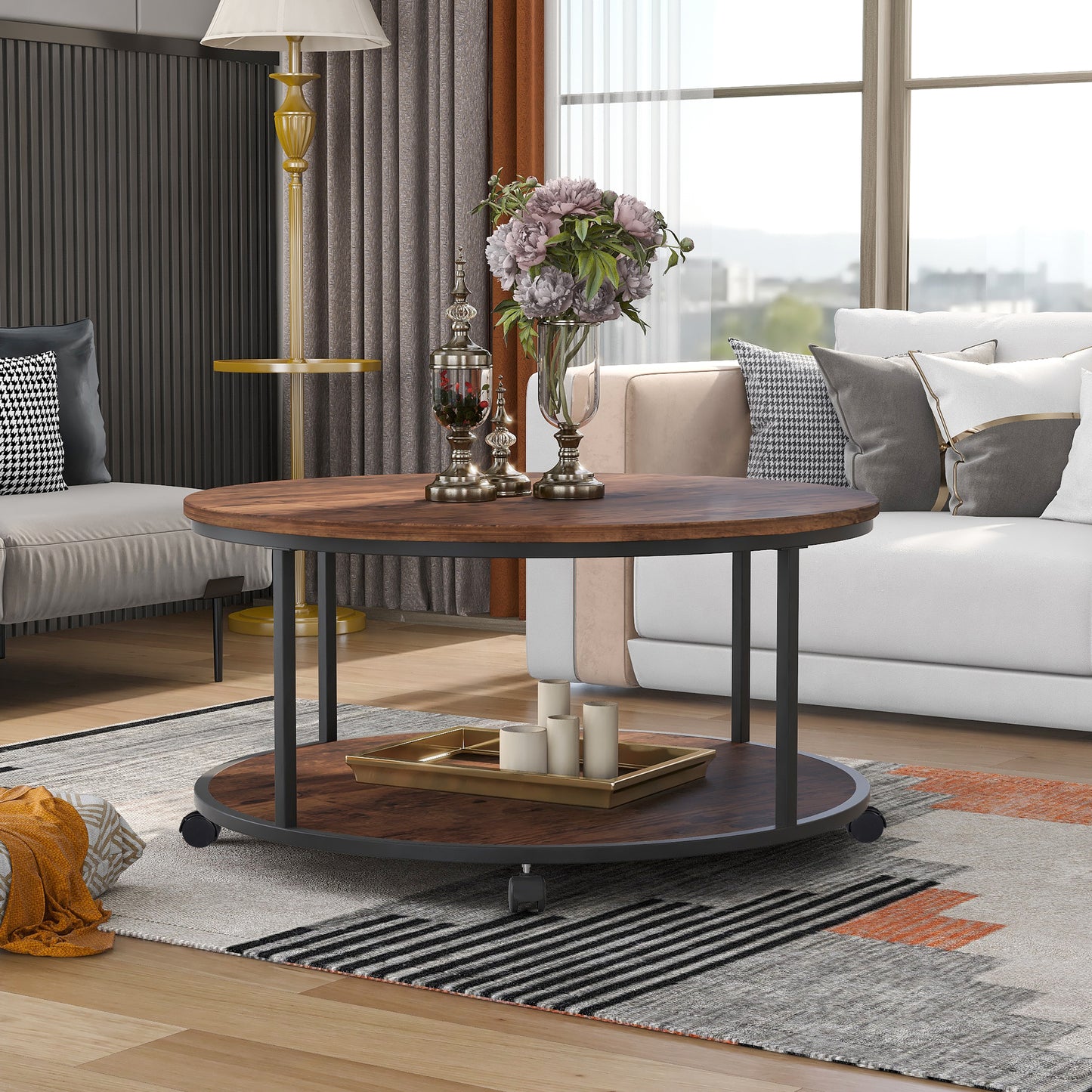 ON-TREND Round Coffee Table with Caster Wheels and Wood Textured Surface, Distressed Brown, φ35.5” for Living Room