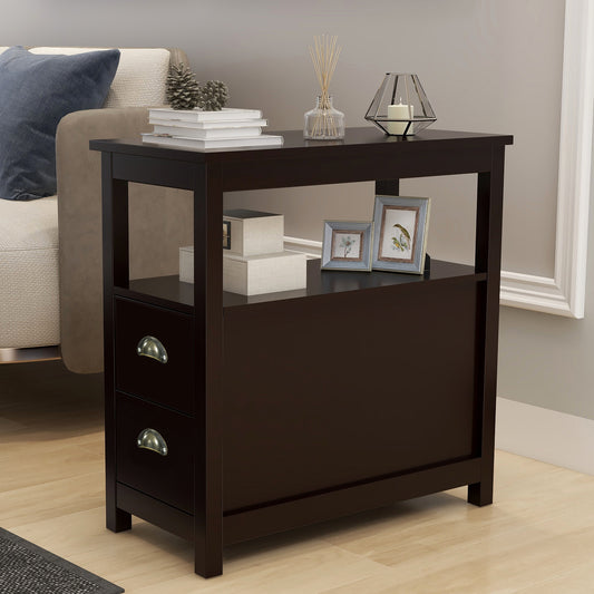 Narrow Nightstand: 2 Drawers, Open Shelf, Brown Color | End Table with Compact Design - 220 Letters