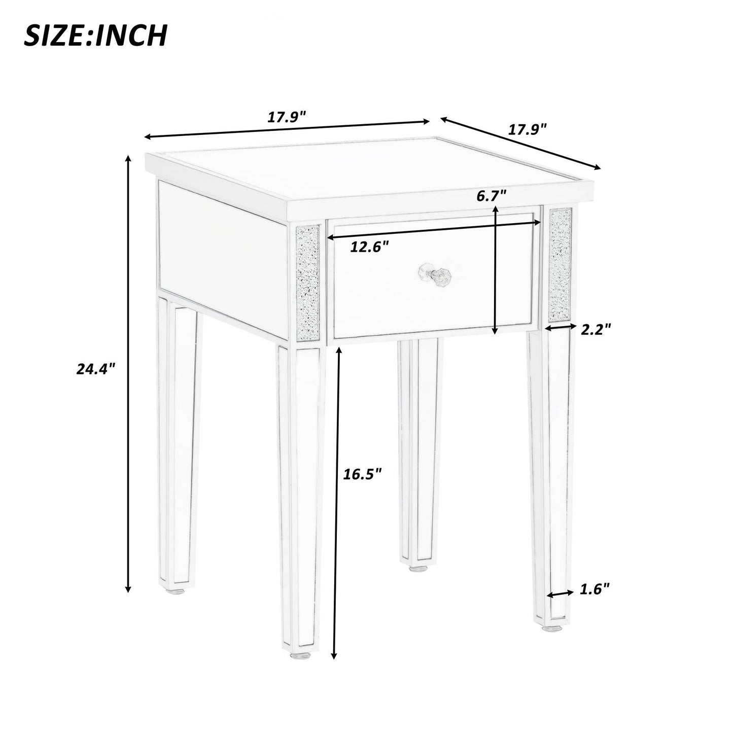 ON-TREND Modern Glass Mirrored End Table with Drawer, Crystal Handles, Adjustable Height Legs - Silver