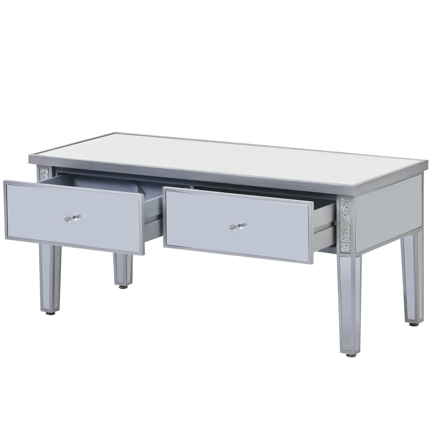 ON-TREND Glass Mirrored Coffee Table with 2 Drawers, Crystal Handles & Adjustable Height Legs for Living Room, Silver