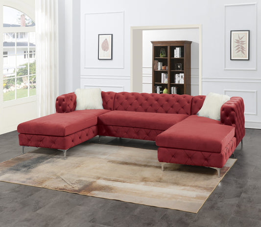 Gorgeous Living Room U-Sectional Burgundy Velvet Tufted Cushion Couch LAF and RAF Chaise Armless Loveseat: Luxurious Velvet U-Sectional Couch with Tufted Cushions and Armless Loveseat in Burgundy Color