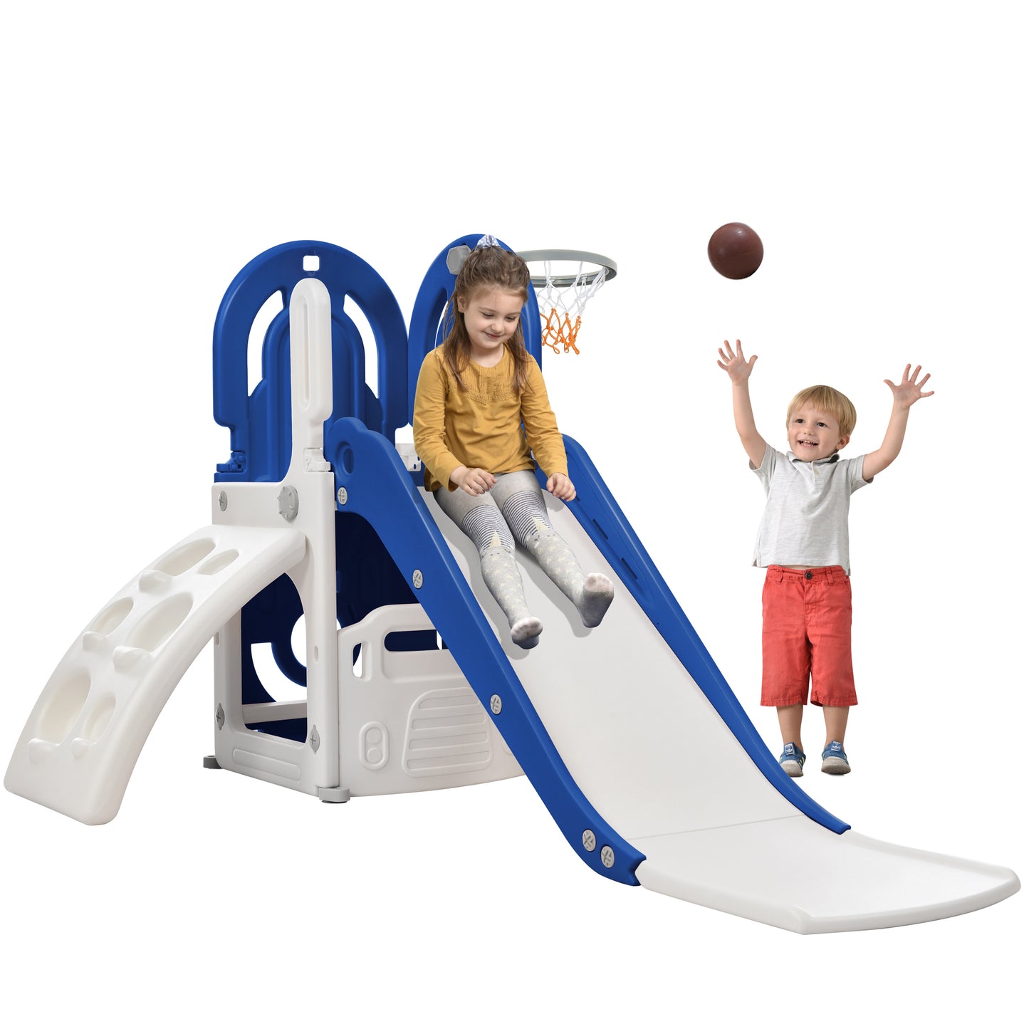 Toddler Climber and Slide Set 4 in 1: Kids Playground Climber Freestanding Slide Playset with Basketball Hoop - Indoor & Outdoor Play Combination for Babies - Colorful & Versatile