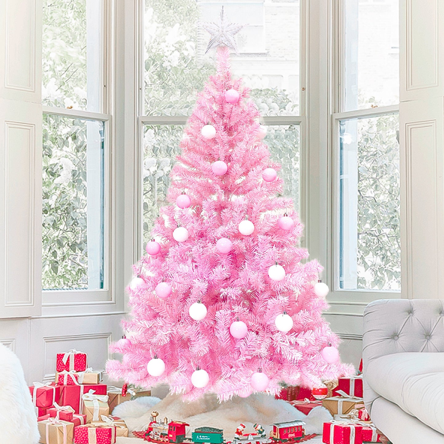 Pre-lit Artificial Christmas 2-Piece Set: 5FT Pink Tree & 6ft Garland - Xmas Decor with Sparkling Lights & Festive Ambience