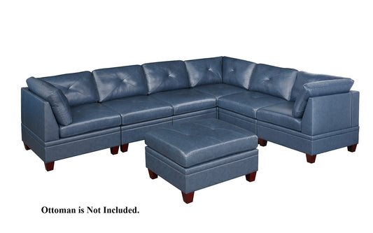 Genuine Leather Ink Blue Tufted 6pc Sectional Set - Corner Wedge & Armless Chair - Living Room Furniture Sofa Couch