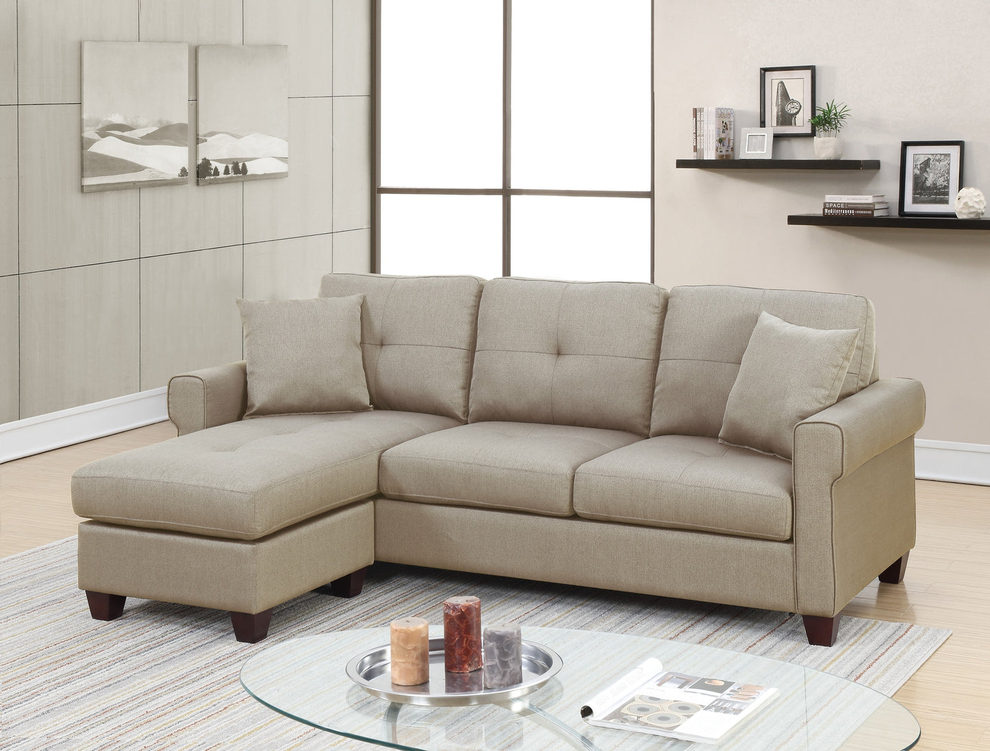 Beige Glossy Polyfiber Tufted Cushion Couch Sectional Sofa Chaise - Reversible Living Room Furniture with Unique Sectionals Chaise, Size Options Available