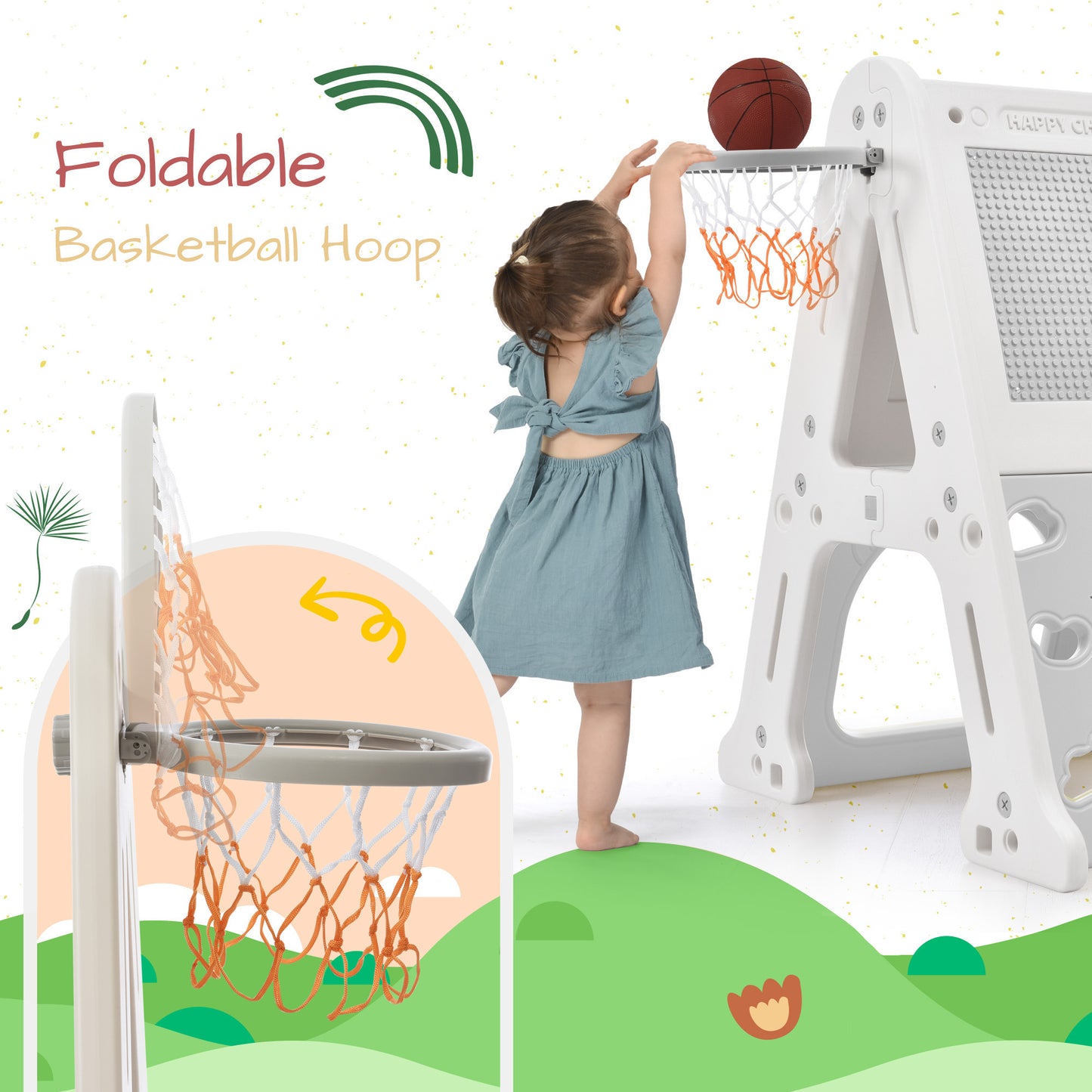 7-in-1 Toddler Climber and Slide Set - Kids Playground Climber Slide Playset with Tunnel, Whiteboard, Building Block Baseplates, and Basketball Hoop Combination - White, Compact Size