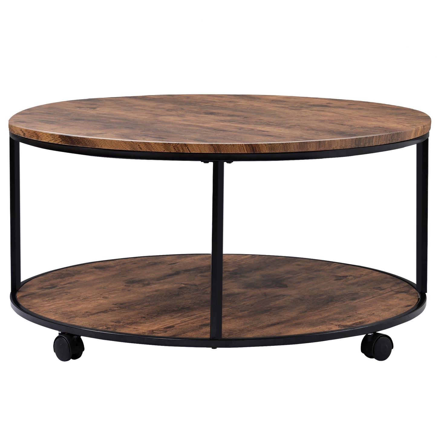 ON-TREND Round Coffee Table with Caster Wheels and Wood Textured Surface, Distressed Brown, φ35.5” for Living Room