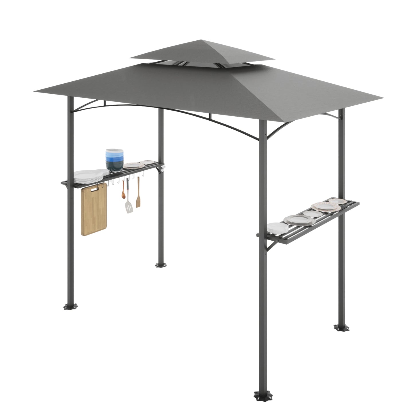 8x 5 FT Grill Gazebo Double Tiered BBQ Canopy, Gray - Outdoor BBQ Canopy for Grilling