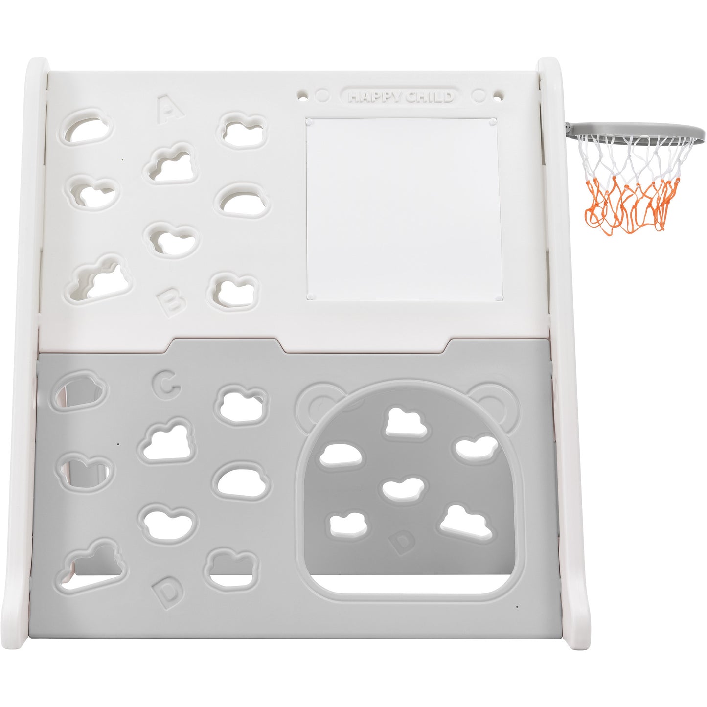 Children's Playground 5-in-1 Playset: Climber, Basketball Hoop, Tunnel, Whiteboard, Building Block Baseplates - Gray, HDPE Material - 54.3''L x 39.4''W x 44.5''H, 29.8lbs.