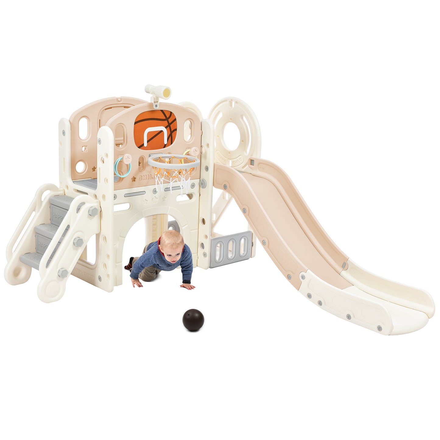 Kids Slide Playset Structure, Freestanding Castle Climbing Crawling Playhouse with Slide, Arch Tunnel, Ring Toss, and Basketball Hoop, Toy Storage Organizer for Toddlers, Kids Climbers Playground