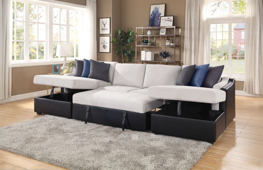 ACME Merill Sectional Sofa w/Sleeper, Beige Fabric & Black PU - Comfortable and Stylish Sofa with Sleeper Function and Elegant Color Combination.