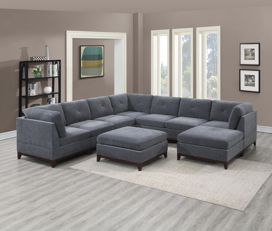 Ash Grey Chenille Fabric Modular Sectional 9pc Set Living Room Furniture Corner Sectional Couch 3x Corner Wedge 4x Armless Chairs and 2x Ottomans Tufted Back Exposed Wooden Base