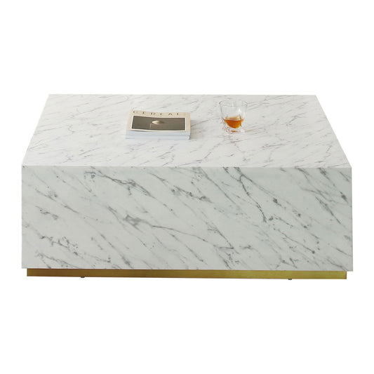 Modern Square Coffee Table Low Gloss Marble White Finish End Table for Living Room 39.37"W x 13.78"H