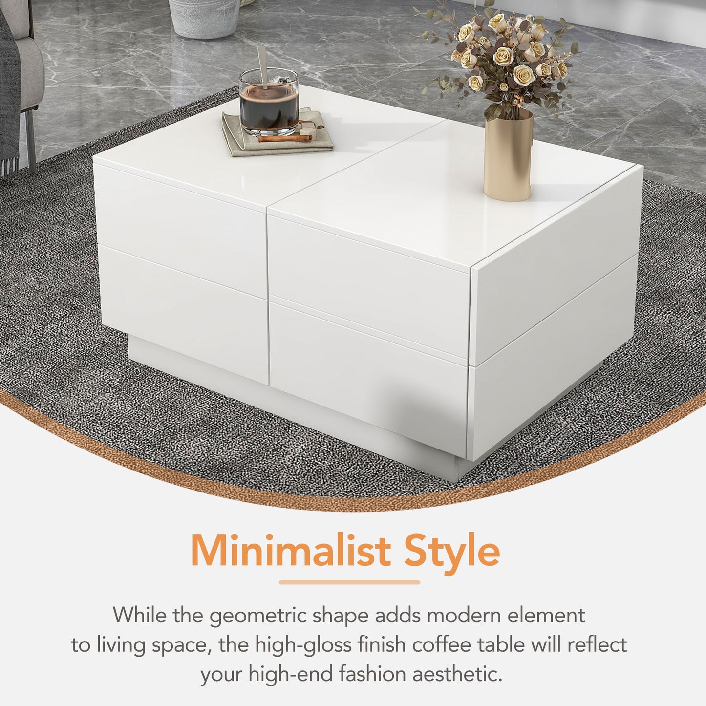 ON-TREND Extendable Coffee Table with 4 Drawers, Hidden Storage, UV High-gloss, Sliding Top - White, 35.4"x 23.6"