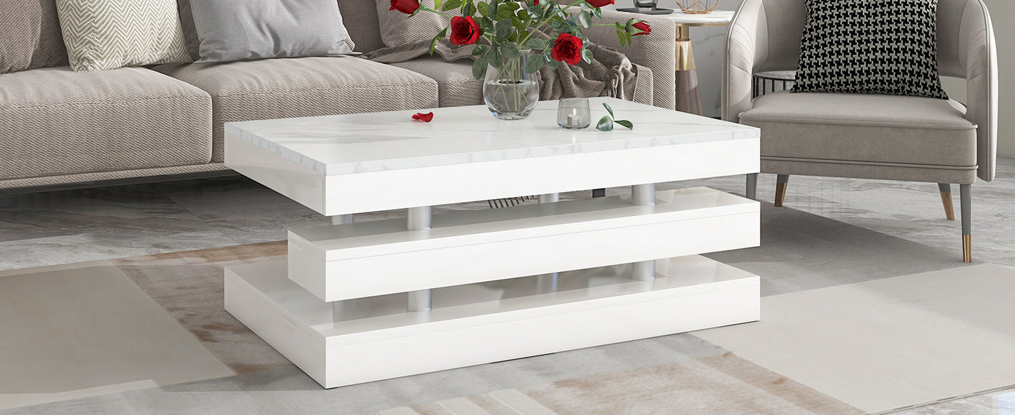 ON-TREND 2-Tier Coffee Table: Silver Metal Legs, Rectangle Cocktail Table with High-gloss UV Surface, Minimalist Design Center Table for Living Room, White