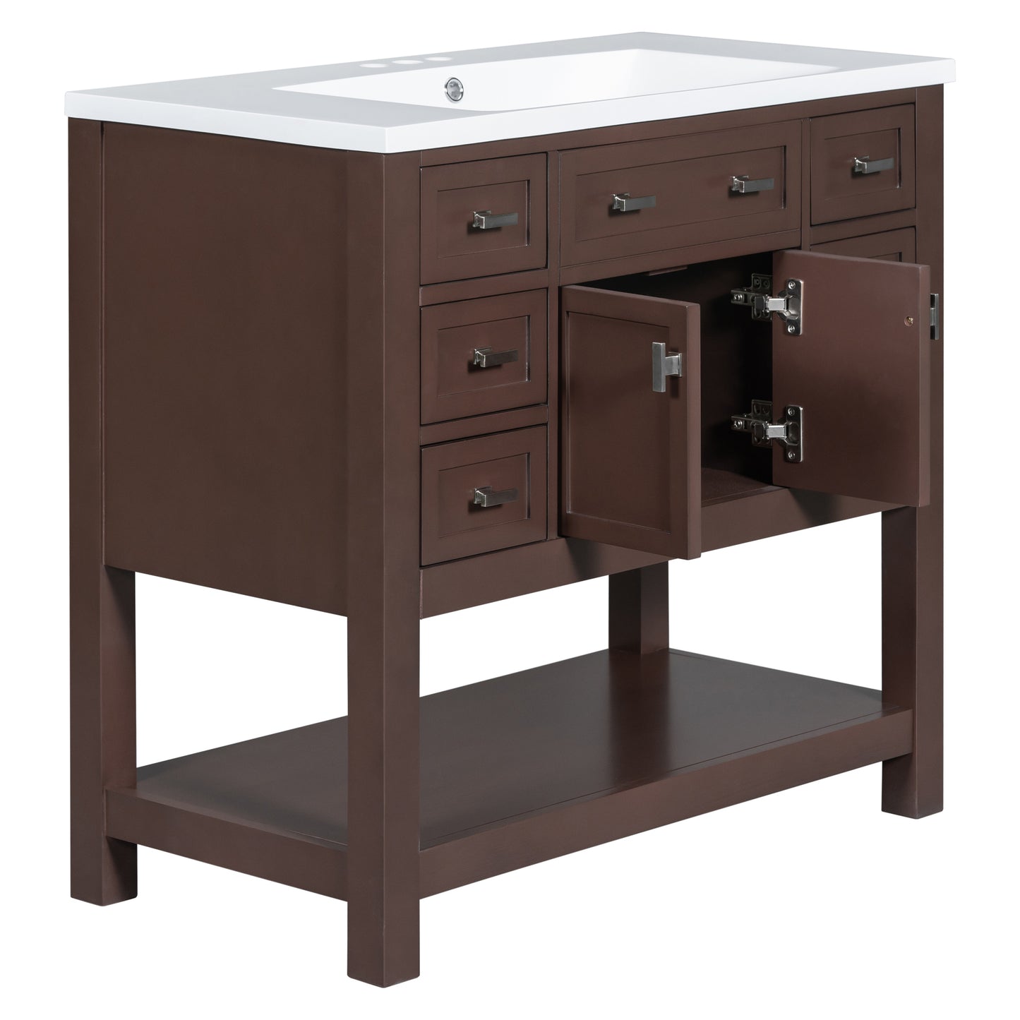 36'' Bathroom Vanity with Top Sink, Modern Storage Cabinet, Soft Closing Doors & 6 Drawers, Brown MDF Material