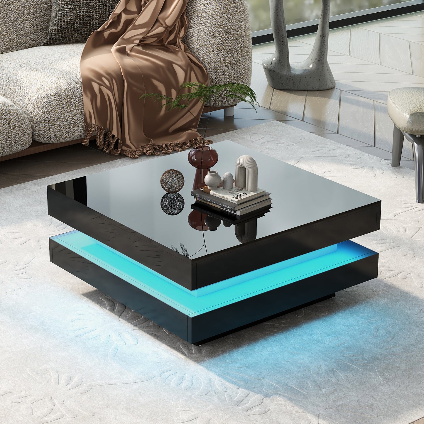 ON-TREND High Gloss 2-Tier LED Coffee Table for Living Room, 16-Color Lights, 31.5”x31.5”x14.2”, Black