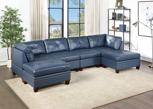 Genuine Leather Ink Blue Tufted 6pc Sectional Set: Corner Wedge, Armless Chair, Ottomans - Living Room Furniture Sofa Couch