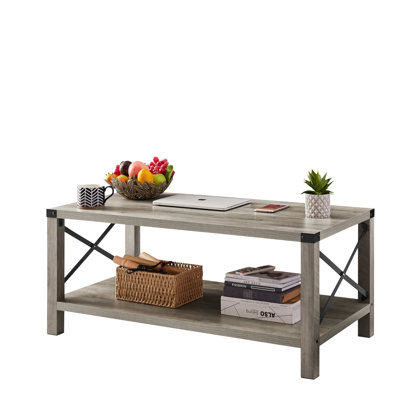 JHX 2-Tier Modern Farmhouse Coffee Table | Wood Rectangle Cocktail Table with Metal X-Frame | Gray, 40.94" w x 21.65" d x 17.91" h