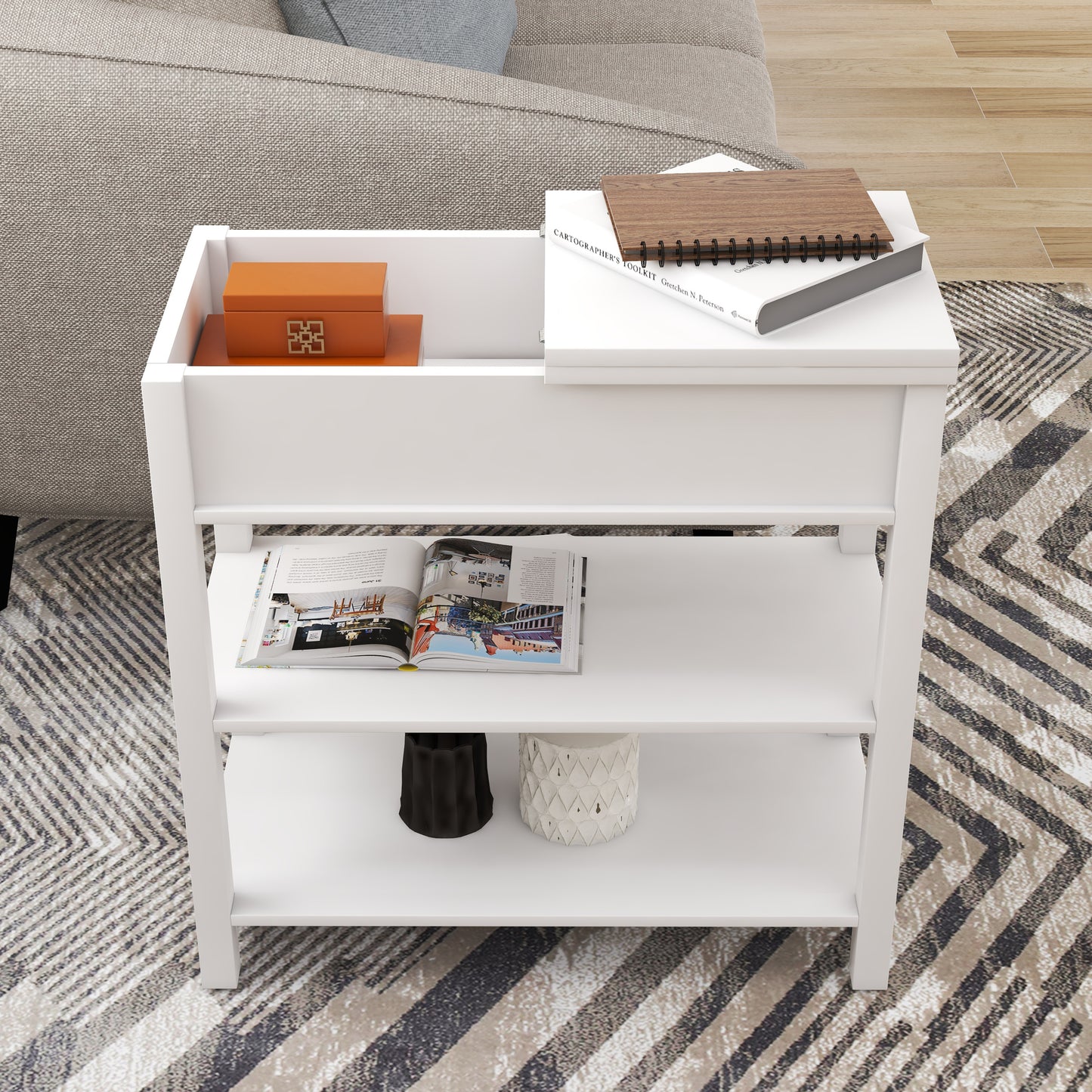 Narrow Sided Table with Drawers & Bottom Partition | White Flip Over Design | Space-Saving & Versatile Furniture Solution