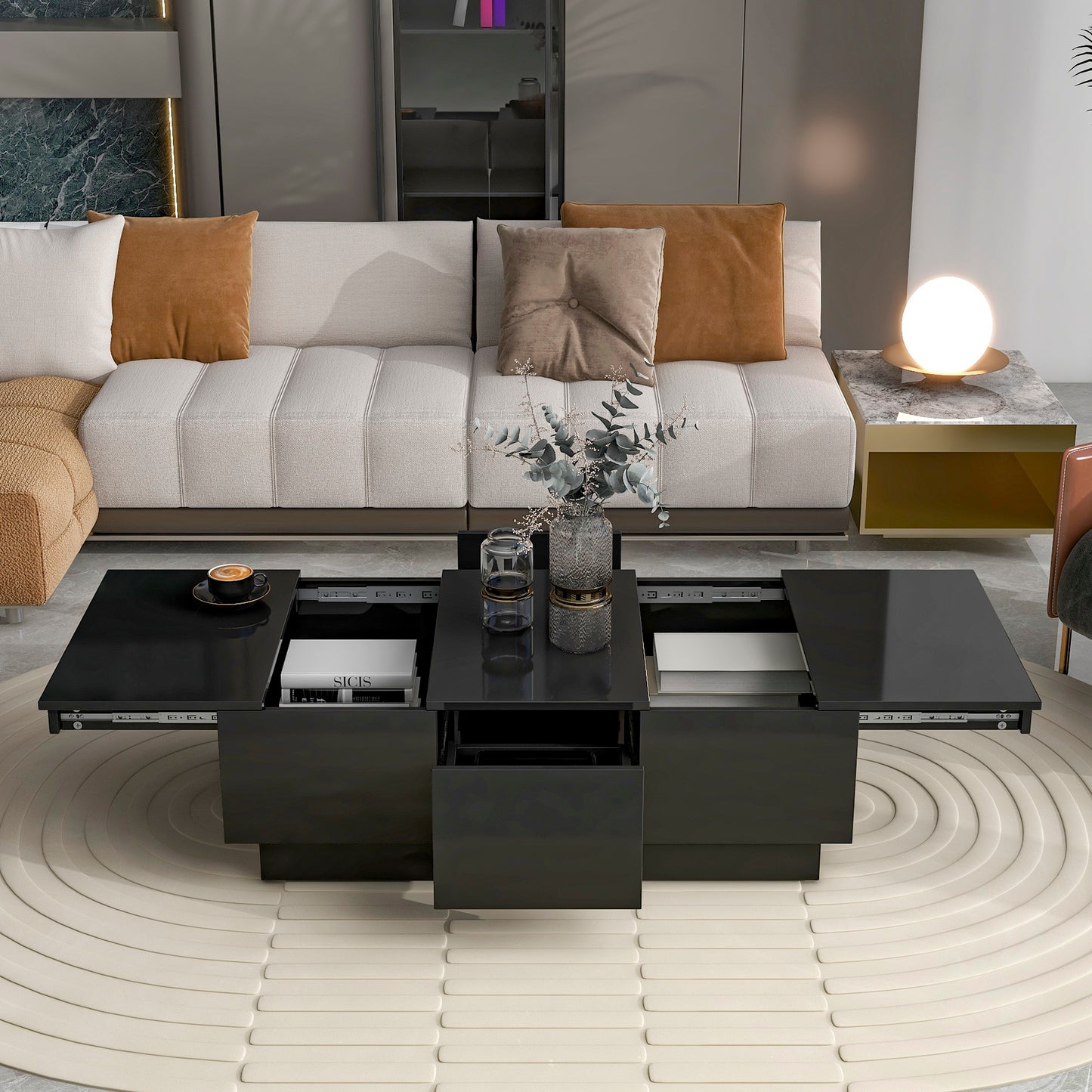 ON-TREND Multifunctional Coffee Table with Hidden Storage, Extendable Cocktail Table with Drawers, High-gloss Center Table for Living Room, 39.3"x21.6", Black