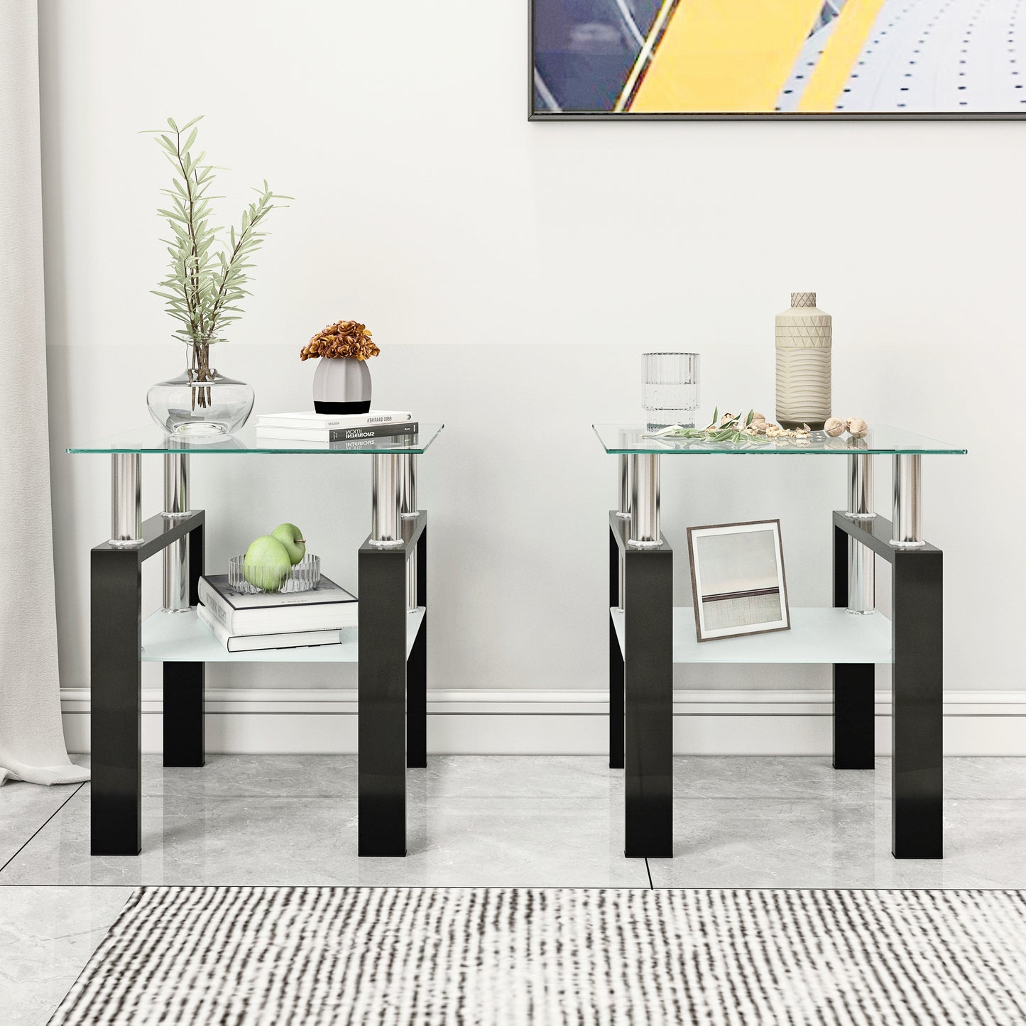 Set of 2 Modern Tempered Glass Tea Coffee End Table, Square Table for Living Room, Transparent/Black, Stylish & Functional