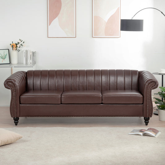 83.46'' Brown PU Rolled Arm Chesterfield Three Seater Sofa: Elegant and Spacious Upholstered Seating Solution with Classic Rolled Arms and Luxurious Brown PU Leather Finish