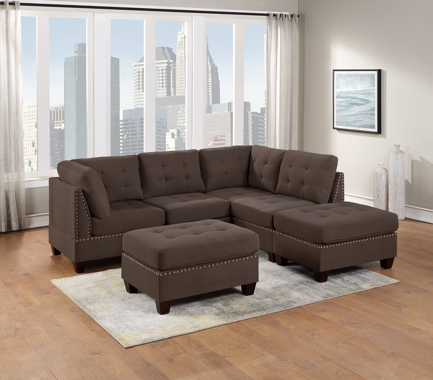 Modular 6pc Living Room Furniture Set: L-Sectional Sofa in Black Coffee Linen-Like Fabric, Tufted Nailheads, 2x Corner Wedge, 2x Armless Chairs, and 2x Ottomans