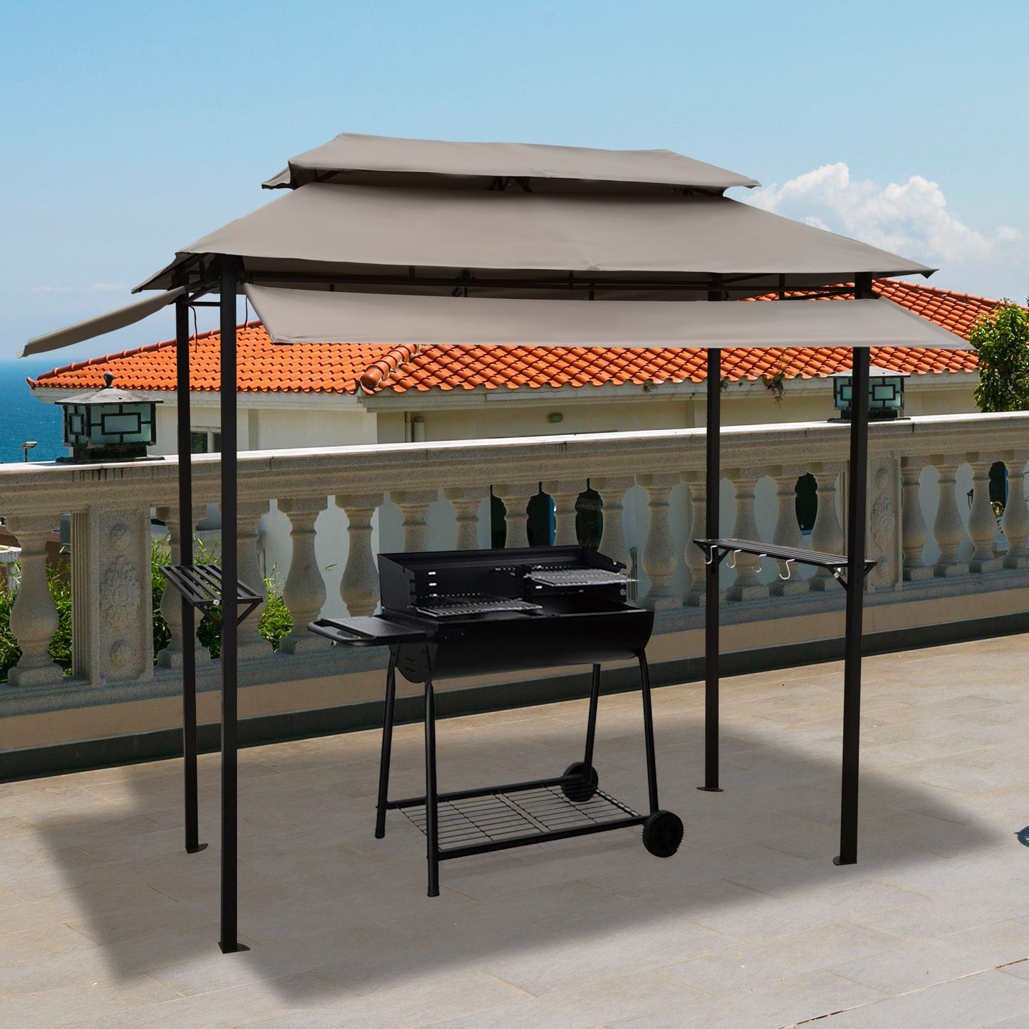 8x4ft Grill Gazebo: Metal Gazebo with Soft Top Canopy, Steel Frame, Hook and Bar Counters, Mushroom Fabric