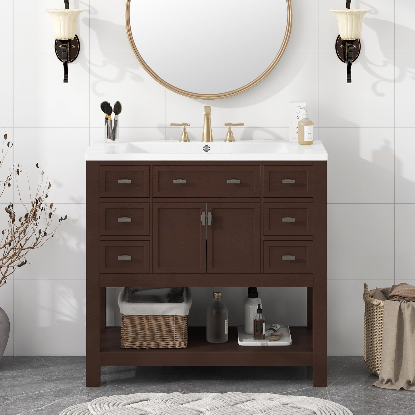 36'' Bathroom Vanity with Top Sink, Modern Storage Cabinet, Soft Closing Doors & 6 Drawers, Brown MDF Material