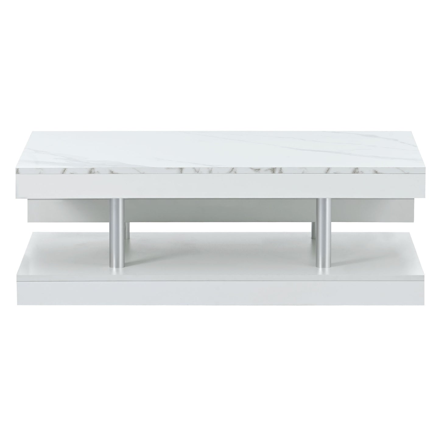 ON-TREND 2-Tier Coffee Table: Silver Metal Legs, Rectangle Cocktail Table with High-gloss UV Surface, Minimalist Design Center Table for Living Room, White