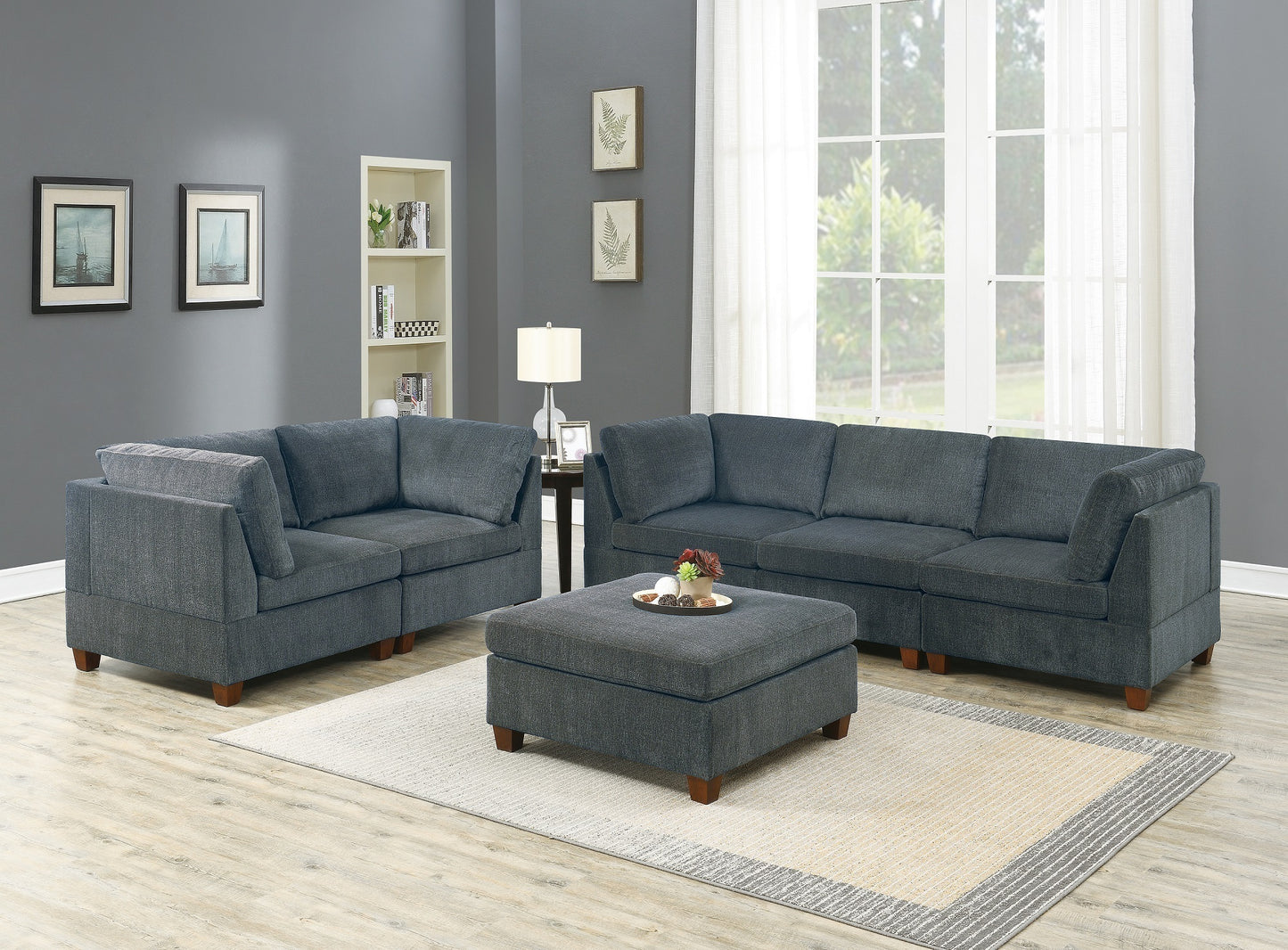 Living Room Furniture Grey Chenille Modular Sofa Set 6pc Set Sofa Loveseat Modern Couch 4x Corner Wedge 1x Armless Chairs and 1x Ottoman Plywood