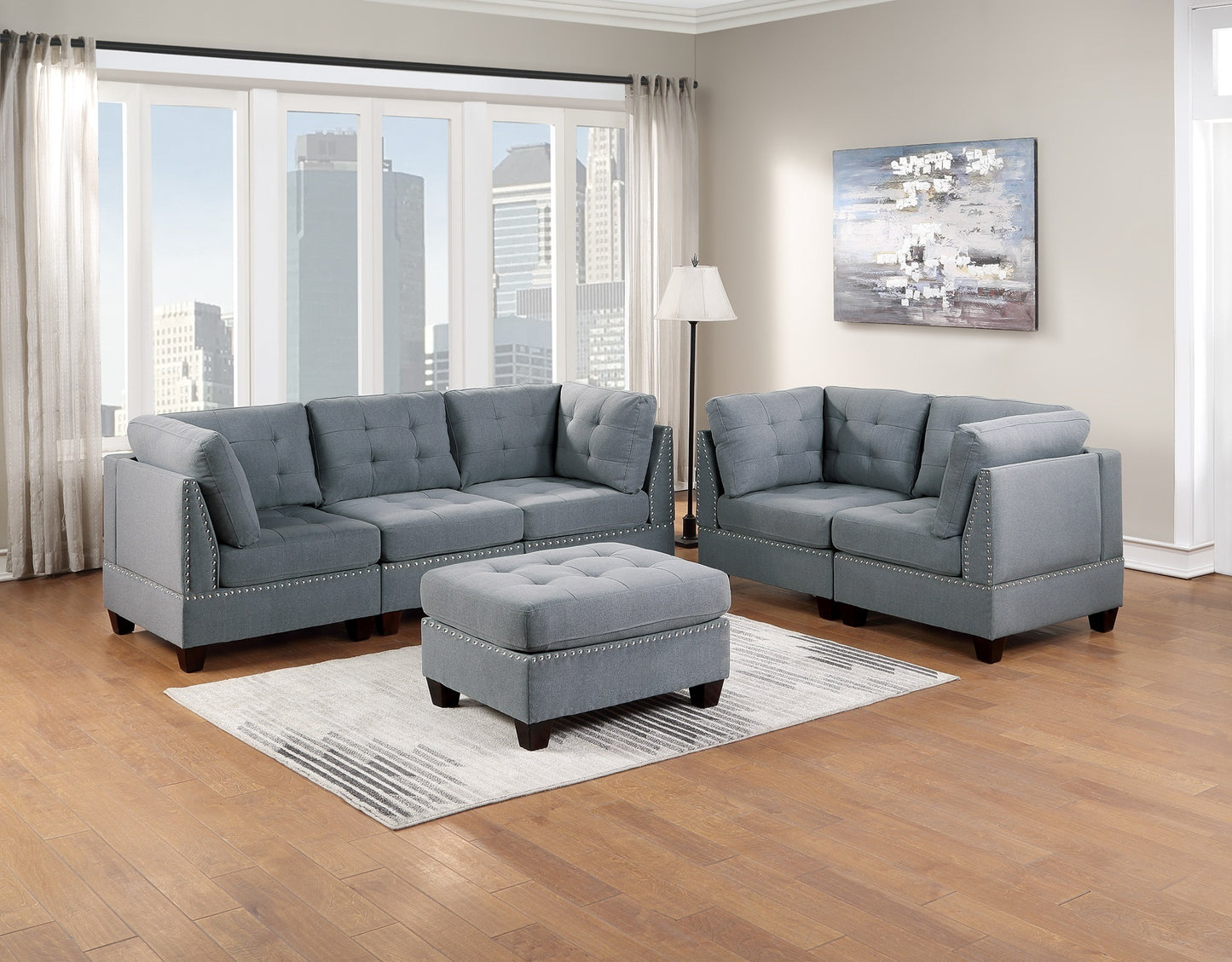 Modular Sofa Set 6pc Living Room Furniture Loveseat Couch Gray Linen Fabric 4x Corner Wedge 1x Armless Chair 1x Ottoman