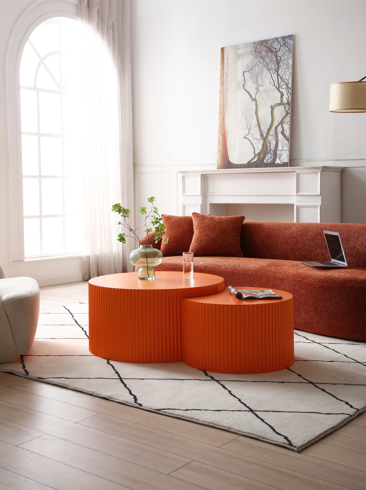 31.5" Nesting Table Set of 2: Round & Half Moon Shapes, No Assembly Needed, Bright Orange - Ideal for Living Room, Office, and Leisure Areas.