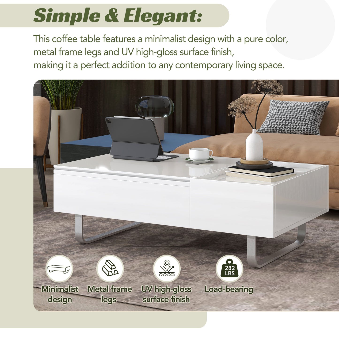 ON-TREND Multi-functional Coffee Table with Lifted Tabletop, Metal Frame Legs, High-gloss Surface, White