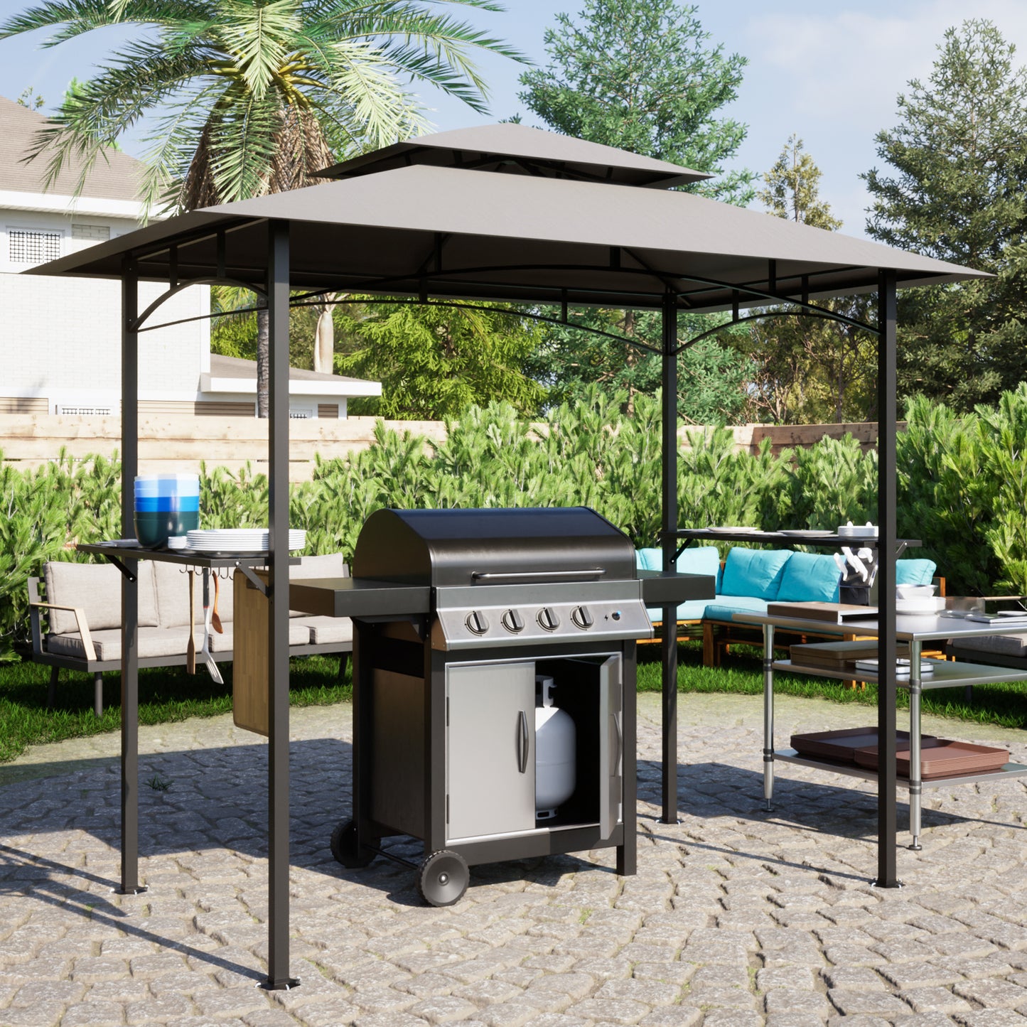 8x 5 FT Grill Gazebo Double Tiered BBQ Canopy, Gray - Outdoor BBQ Canopy for Grilling