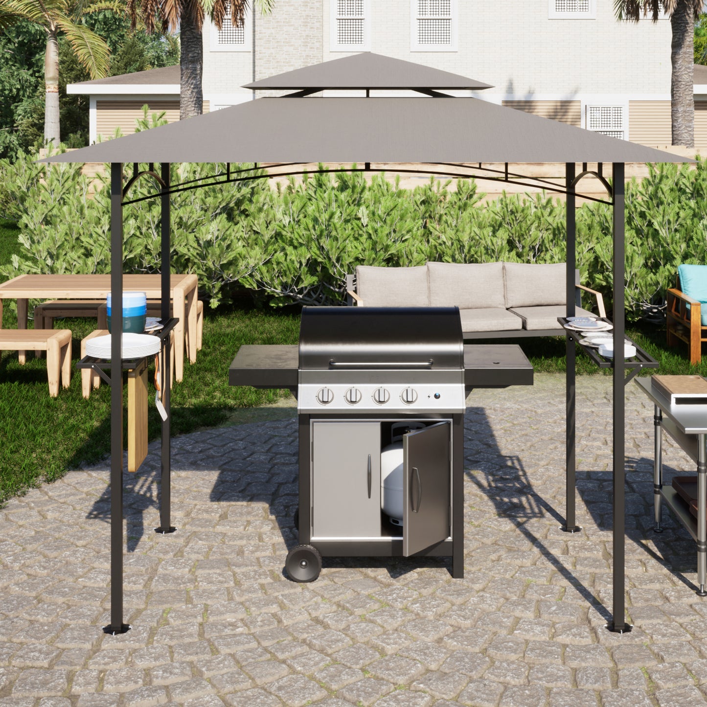 8x 5 FT Grill Gazebo Double Tiered BBQ Canopy, Gray - Outdoor BBQ Canopy for Grilling