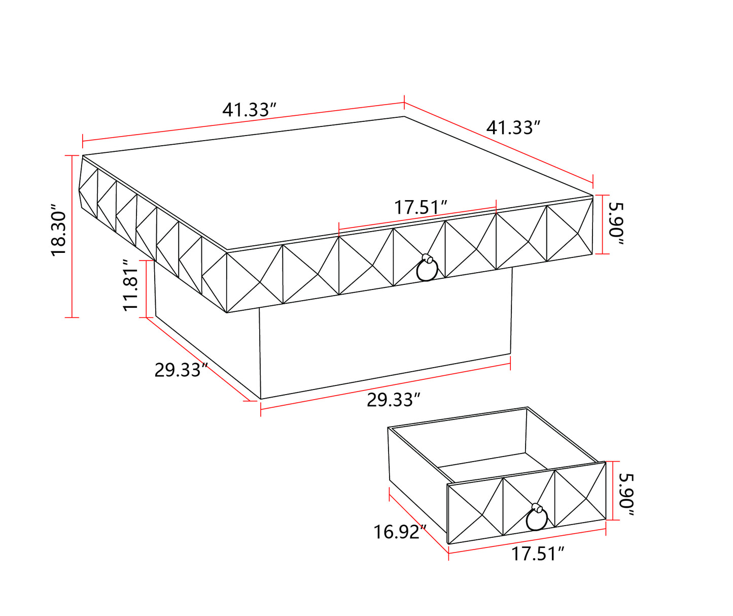 41.33" Three-dimensional Embossed Pattern Square Coffee Table with 2 Drawers and MDF Base - Retro Design, SKU W757102852