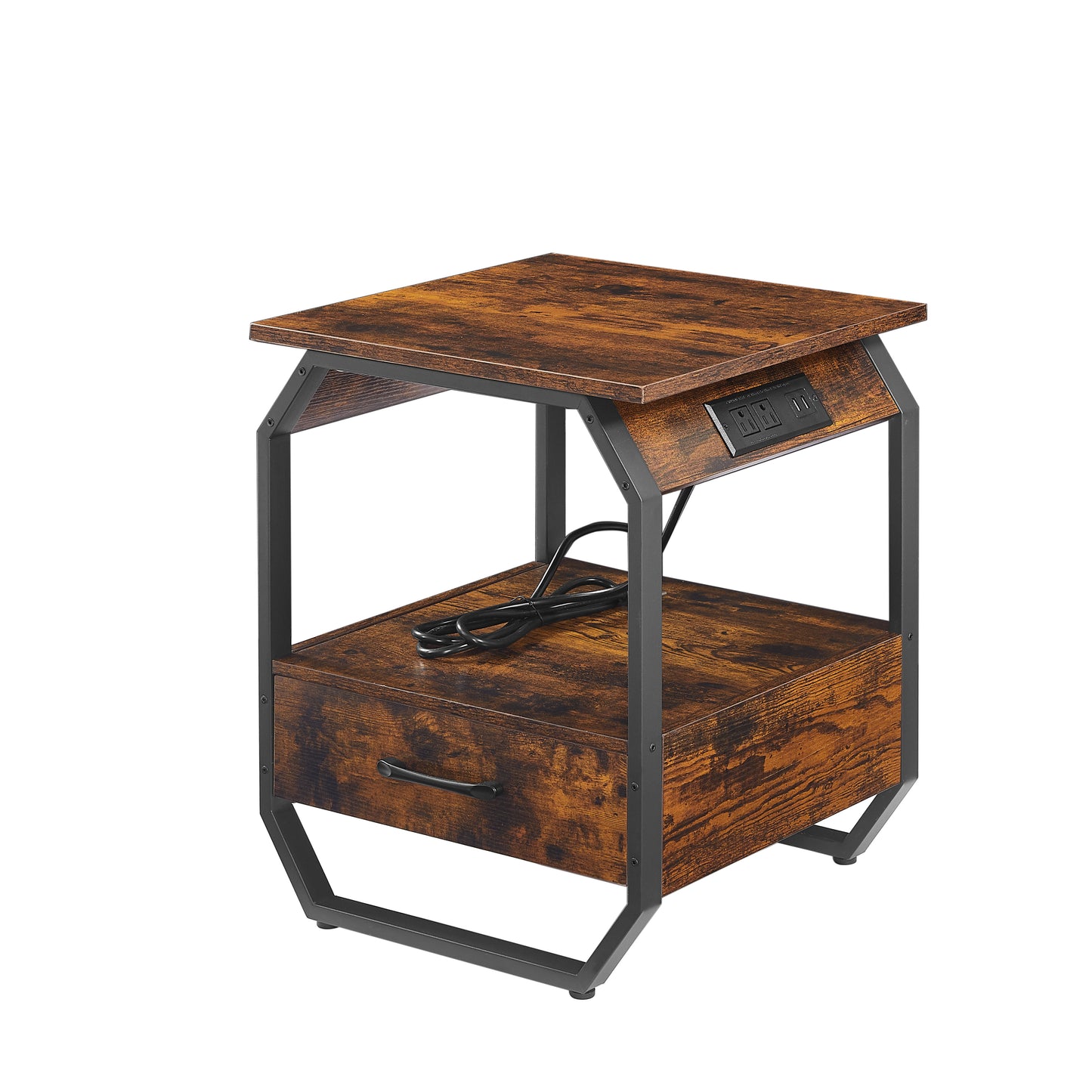 End Table with Charging Station, Drawers & Bedside Functionality for Bedroom - Rustic Brown, 17.3’’W*17.9’’D*21.2’’H