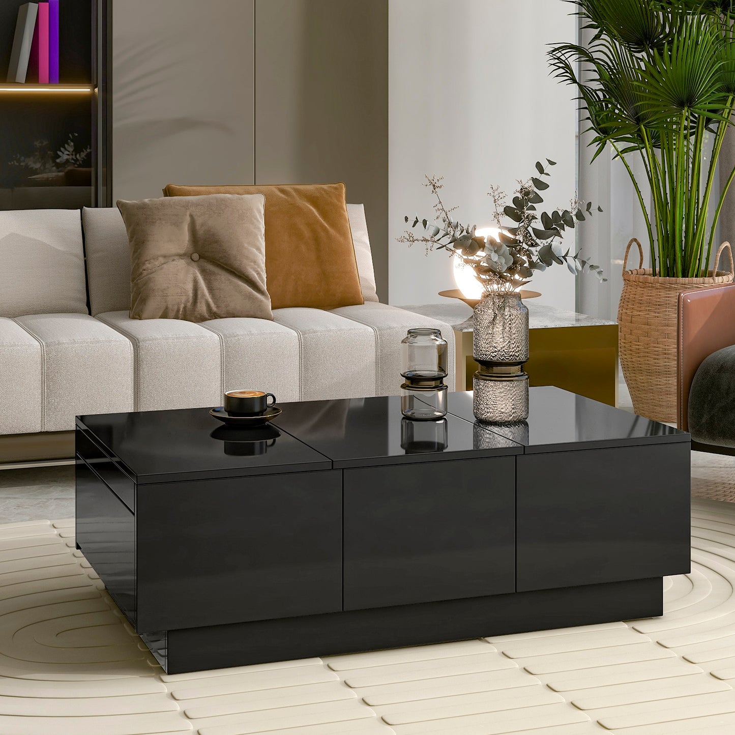 ON-TREND Multifunctional Coffee Table with Hidden Storage, Extendable Cocktail Table with Drawers, High-gloss Center Table for Living Room, 39.3"x21.6", Black