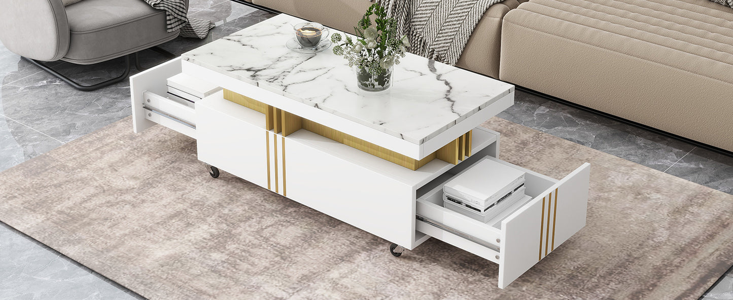 ON-TREND Contemporary Coffee Table, Rectangle Cocktail Table with Caster Wheels, Moderate Luxury Center Table with Gold Metal Bars, White Faux Marble Top, for Living Room